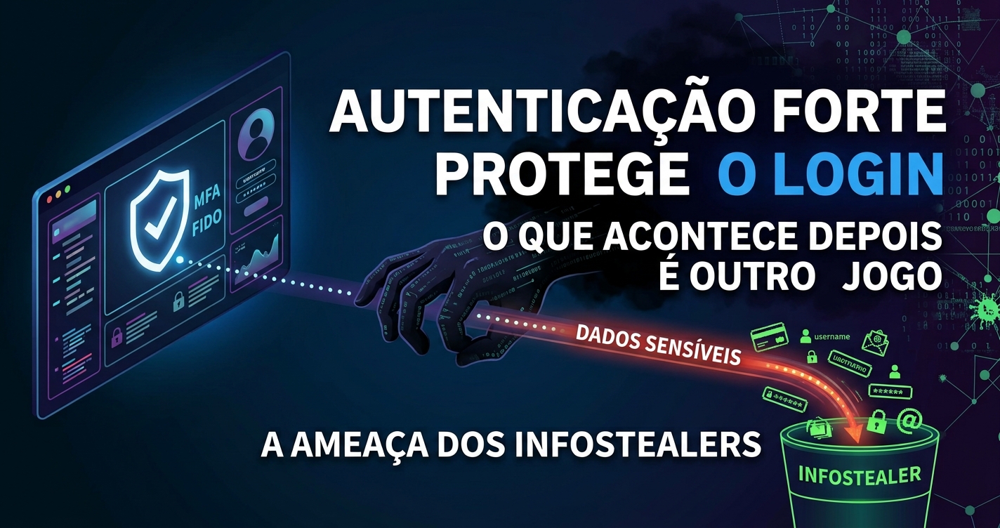 Escudo de autenticação forte (MFA/FIDO) protegendo o login enquanto uma mão sombria desvia dados sensíveis para um balde de infostealer