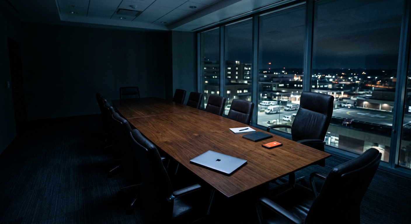 Sala de reunião de diretoria com uma cadeira vazia à mesa